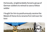 A post from Senator Schumer with a link to an article showing Sgt. Henry Johnson reads: “Albany’s Sgt. Henry Johnson was a Harlem Hellfighter & WWI hero. He bravely, singlehandedly forced a group of German soldiers to retreat to save a fellow soldier. I fought for him to posthumously receive the Medal of Honor & to rename Fort Johnson for him!”