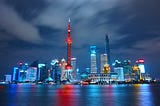 Shanghai, China skyline at night.