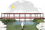 A woman carrying a suitcase, walking towards a red bridge extending over a lake, connecting two grassy hills on a sunny day.