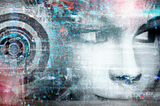 Abstract image showing a face looking to the right and some concentric circles all overlaid with a semi-transparent layer of blurry circuit-like patterns.