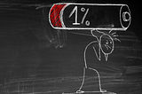 A stick figure drawn on a chalkboard with a 1% battery over its head.