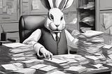 A rabit bookkeeper who’s swamped with paper invoices on a desk. There’s only one light available. There are books everywhere. black and white