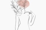 An outline of a woman with flowers sprouting from her shoulders.