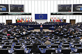 A view of the EU parliament seats and platform.