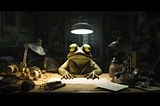A frog character sitting at a messy desk with an overhead light.