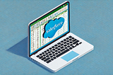 Picture of a laptop screen showing an Excel sheet with a Salesforce logo over the the middle.