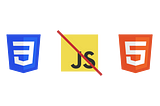 CSS3 logo, JS logo with a red line through it and the HTML5 logo in a row