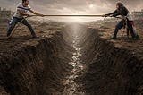 Israeli and Palestinian in a tug of war with a mud ravine in the middle
