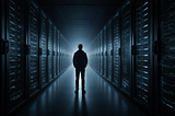 A figure stands at the entrance of a vast server corridor representing the gap between human institutional knowledge and enterprise AI systems