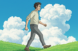 An anime depiction of a man walking up a grassy hill. There are clouds in the blue sky behind him.