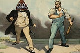 A Gilded Age editorial cartoon depicting a muscular worker and a corpulent millionaire squaring off for a fight; the millionaire’s head has been replaced with the poop emoji from the cover of ‘Enshittification,’ its mouth covered in a grawlix-scrawled black bar.
