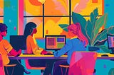 A colourful illustration of women working in a brightly coloured open-plan office space.