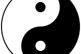 The modern, most well-known representation of the yinyang symbol: the joining teardrops, one black, one white, forming a perfect circle. Within each teardrop, almost like an eye, a single single of the opposite colour; the black teardrop encircles a white dot, the white teardrop encircles a black dot.