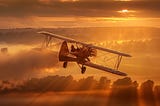 A vintage bi-plane taking up into a red sunset sky