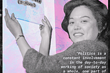 Patsy Mink on a pink and blue marble background, holding a sign with her name on it