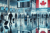 Nighttime airport departure scene in Canada, featuring travelers, security checkpoints, and a Canadian flag, symbolizing the Canada departure tax.