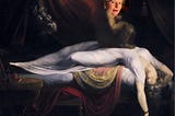 An altered version of Henry Fuseli’s ‘The Nightmare,’ an oil painting depicting an evil demon crouched on the chest of a sleeping woman. The demon’s face has been replaced by Margaret Thatcher’s face.