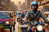 DALL·E 2024–11–25 16.08.52 — A highly realistic and detailed scene of a Kenyan taxi motorbike rider, an African man, riding through the busy streets of Nairobi during rush hour in twilight lighting