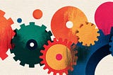 A vibrant, abstract illustration of several interconnected, colorful gears and cogwheels.