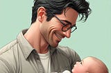 a realistic vector drawing of a smiling man with dark black hair and horn-rimmed glasses and casual clothes staring down at his newborn light-haired son against a pale green background
