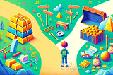 Illustration of a child pondering at a crossroads, one path paved with gold and the other adorned with adventure symbols, depicting the choice between wealth and experience.