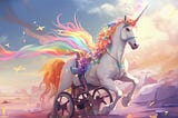 A unicorn running. Its back legs are supported by wheels, much like a wheelchair harness for dogs. It’s surrounded by bursts of rainbow colours.