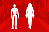 A minimalist 16:9 illustration shows a white silhouette of a humanoid robot walking beside a white silhouette of a woman in a suit along a red carpet. The background is composed of layered red silhouettes suggesting flags, columns, and a formal hallway, with very little detail. Created using ChatGPT