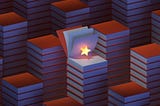 Dark, isometric composition of stacks of books with one opened and containing a shining star in between the pages.