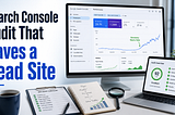 Cinematic thumbnail showing Google Search Console performance graphs and an SEO audit checklist on a modern desk with the title “Search Console Audit That Saves a Dead Site”.
