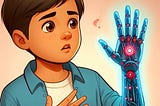Ilustração de um jovem rapaz olhando perplexo para sua própria mão, robotizada (a cibernética servindo de analogia para a IA potencializando o cérebro).