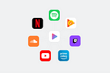 iTunes icon surrounded by Netflix, Spotify, Google Music, Twitch, Amazon Prime Video, YouTube and Soundcloud icons