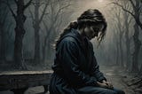 Image shows a woman sitting on a bench in the dark, her head bowed, and an eerie background with half light and trees.