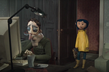 Coraline’s dad looking exhausted, typing away while Coraline stands in the doorway.
