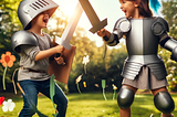 Sarah and Mia engaged in a foam sword battle in the park.