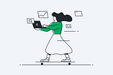 An illustration of a woman riding a skateboard while on designing on a laptop