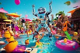 An animated pool party scene with cartoon characters and robots in a tropical setting.