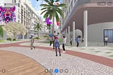 Several human avatars gather at the intersection of two streets in a virtual reality scene.