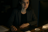 A woman in her 30s sits at a desk late at night, illuminated by the glow of her computer screen. Surrounded by paperwork, coffee cups, and data charts, she looks exhausted but focused, suggesting she’s working long hours without complaint. A wall clock behind her reads nearly midnight.