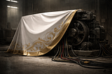A minimalist, cinematic illustration of a large industrial machine partially shielded by a flimsy, decorative safety cover, while exposed gears and power cables remain unprotected behind it. The cover looks polished and branded, but clearly useless. Muted colors, high contrast lighting, realistic style, no people, no text, no cyberpunk elements.