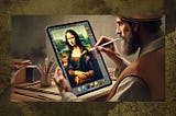 Leonardo da Vinci reworking Mona Lisa on a tablet