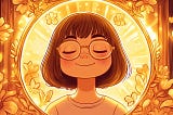A peaceful illustration of a young girl with short brown hair and glasses, smiling softly with her eyes closed. She is surrounded by glowing golden flowers and hearts, bathed in warm, radiant light, evoking a sense of inner peace and contentment.