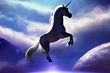 A unicorn flying in outer space.