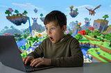 a boy surprised as he looks at his laptop; a video game scene fills the background of the image
