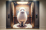 AI-generated visual of an unrealistically large and fluffy white sheep inside a hotel elevator