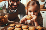 Little Emma stealing a warm cookie from the counter, caught by Dad.