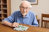 An elderly man intently examines a puzzle piece, focusing on its intricate details and trying to solve the puzzle before him.