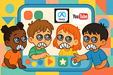 Four children sitting together and hypnotized by UI icons.