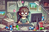 A cartoon-style illustration of a bleary-eyed indie game developer surrounded by coffee cups, energy drink cans, and a computer screen showing a half-finished game
