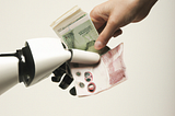 DALL-E: a robot handing cash to a human, photograph