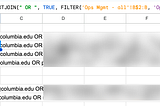 Spreadsheet showing a formula that constructs a Gmail search query for each course+section. Formula is below.
